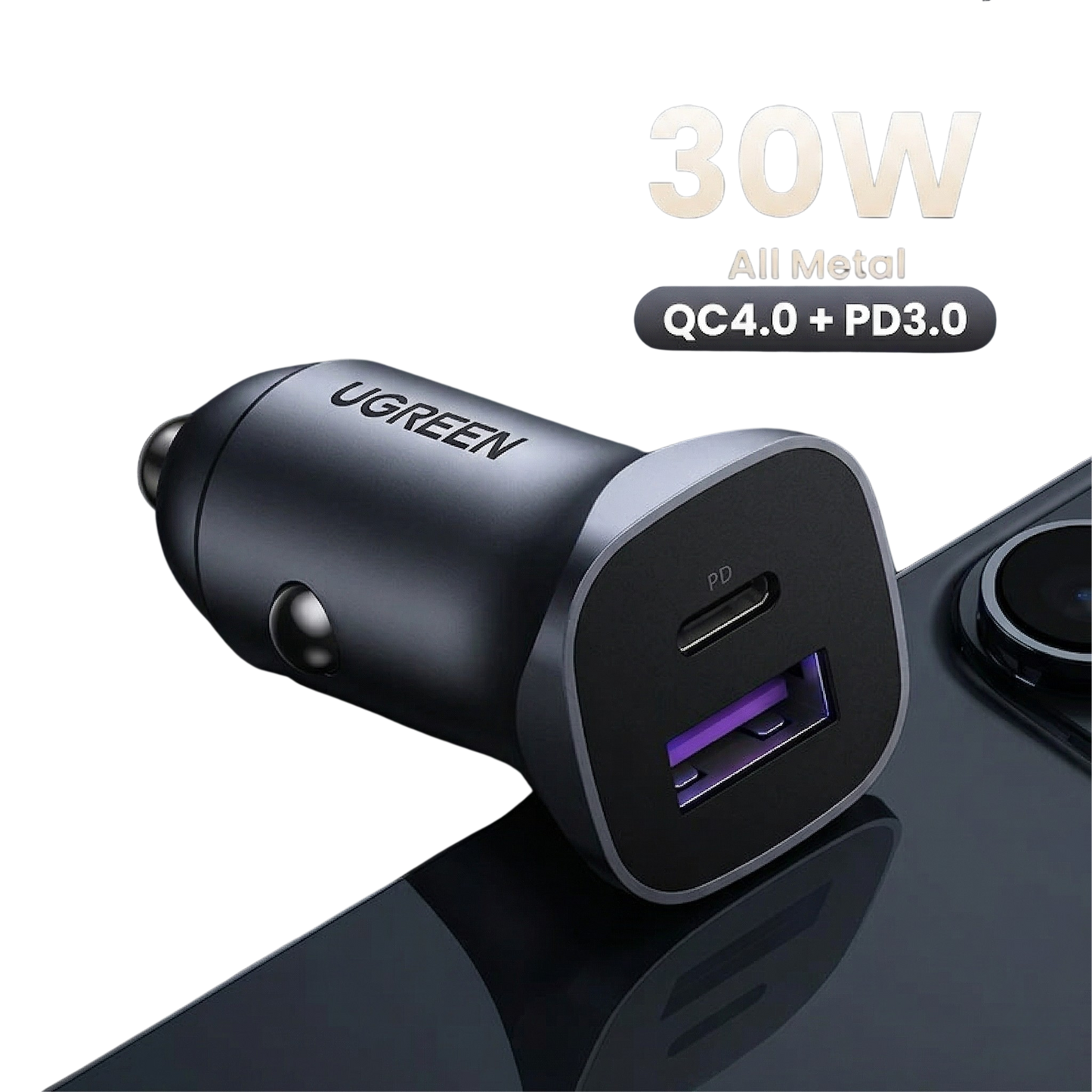 UGREEN 30W Aluminum Car Charger with 1m Cable