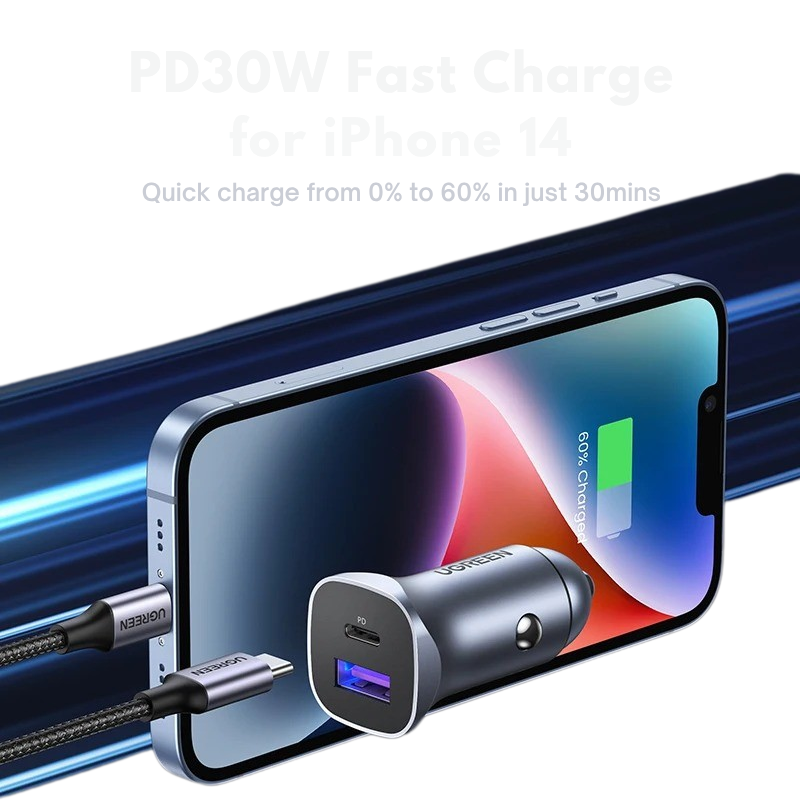 UGREEN 30W Aluminum Car Charger with 1m Cable