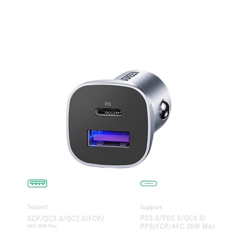 UGREEN 30W Aluminum Car Charger with 1m Cable